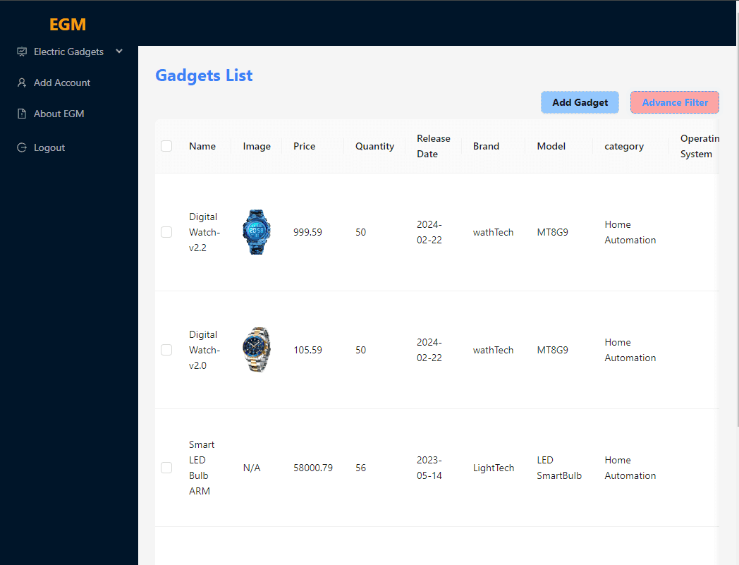 Electric Gadgets Management screenshot